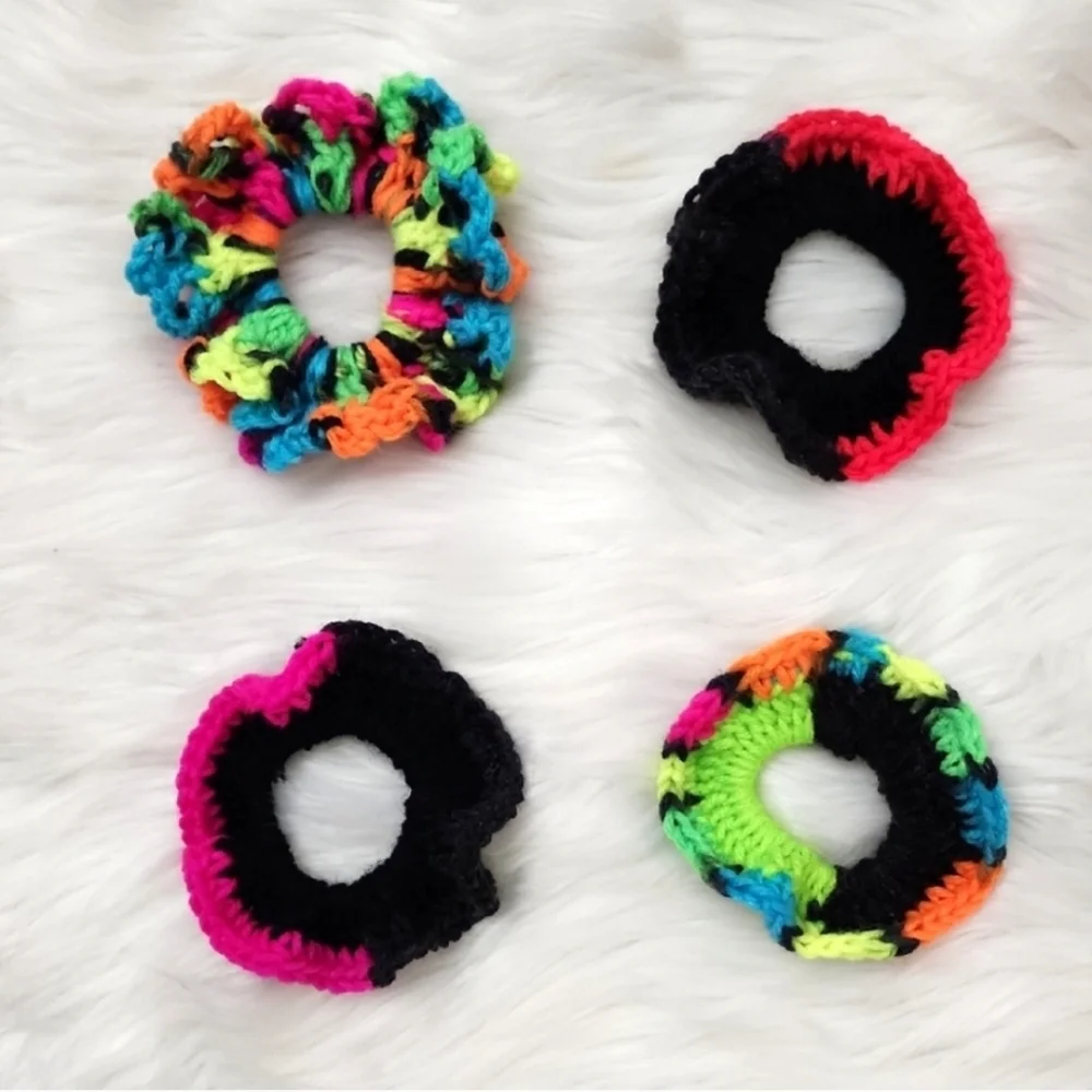 Handmade Textured Crocheted Scrunchies Ponytail Holder Hair Tie Set Of 4 - New